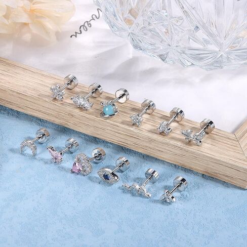 Finrezio 12PCS 18G Stainless Steel Cartilage Earrings for Women Men Flat Back Stud Earrings Heart Butterfly Evil Eye Snake Tiny Flatback Stud Earrings Tragus Couch Helix Piercing Jewelry 6MM 8MM in Kuwait