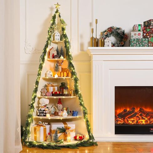 Christmas Tree Bookshelf 63" Tall Christmas Tree Corner Shelf 6 Tier Wood Corner Display White Book Tree Bookshelf Ladder Shelves Display Stand for Bedroom Living Room Classroom Office in Saudi Arabia