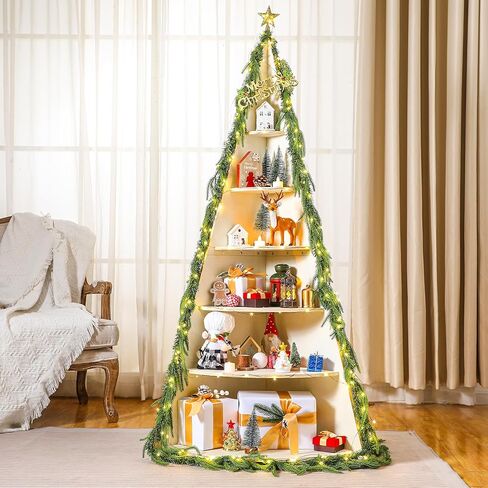 Christmas Tree Bookshelf 63" Tall Christmas Tree Corner Shelf 6 Tier Wood Corner Display White Book Tree Bookshelf Ladder Shelves Display Stand for Bedroom Living Room Classroom Office in Saudi Arabia