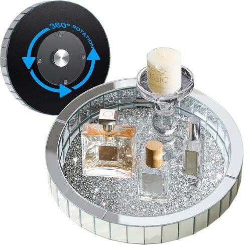 Perfume Organizer Tray fits Dresser,Round Rotating Vanity Trays for Cosmetics Makeup Jewelry,Crushed Diamond Mirrored Tray,Decorative Tray for Coffee Table Decor(11"x11"x2.4") in Saudi Arabia