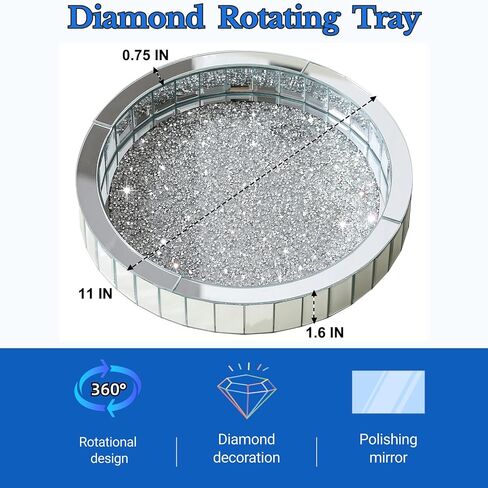 Perfume Organizer Tray fits Dresser,Round Rotating Vanity Trays for Cosmetics Makeup Jewelry,Crushed Diamond Mirrored Tray,Decorative Tray for Coffee Table Decor(11"x11"x2.4") in Saudi Arabia