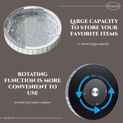 Perfume Organizer Tray fits Dresser,Round Rotating Vanity Trays for Cosmetics Makeup Jewelry,Crushed Diamond Mirrored Tray,Decorative Tray for Coffee Table Decor(11"x11"x2.4") in Saudi Arabia