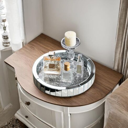 Perfume Organizer Tray fits Dresser,Round Rotating Vanity Trays for Cosmetics Makeup Jewelry,Crushed Diamond Mirrored Tray,Decorative Tray for Coffee Table Decor(11"x11"x2.4") in Saudi Arabia