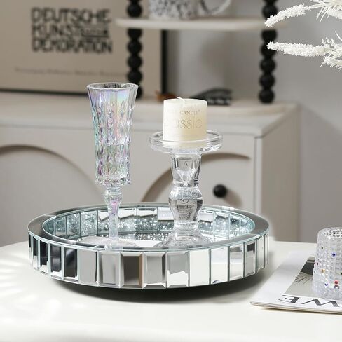 Perfume Organizer Tray fits Dresser,Round Rotating Vanity Trays for Cosmetics Makeup Jewelry,Crushed Diamond Mirrored Tray,Decorative Tray for Coffee Table Decor(11"x11"x2.4") in Saudi Arabia