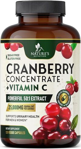 Cranberry Extract Pills + Vitamin C (25,000mg Formula) - Natural Urinary Tract Health Support with Cranberry Supplement for Women & Men - Nature's, Non-GMO, Gluten Free - 60 Capsules in Saudi Arabia