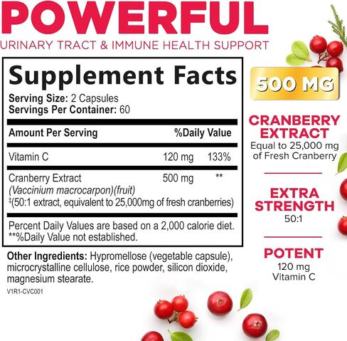 Cranberry Extract Pills + Vitamin C (25,000mg Formula) - Natural Urinary Tract Health Support with Cranberry Supplement for Women & Men - Nature's, Non-GMO, Gluten Free - 60 Capsules in Saudi Arabia