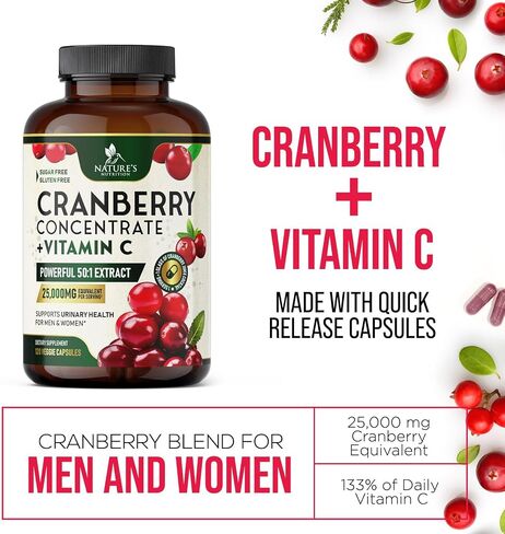 Cranberry Extract Pills + Vitamin C (25,000mg Formula) - Natural Urinary Tract Health Support with Cranberry Supplement for Women & Men - Nature's, Non-GMO, Gluten Free - 60 Capsules in Saudi Arabia