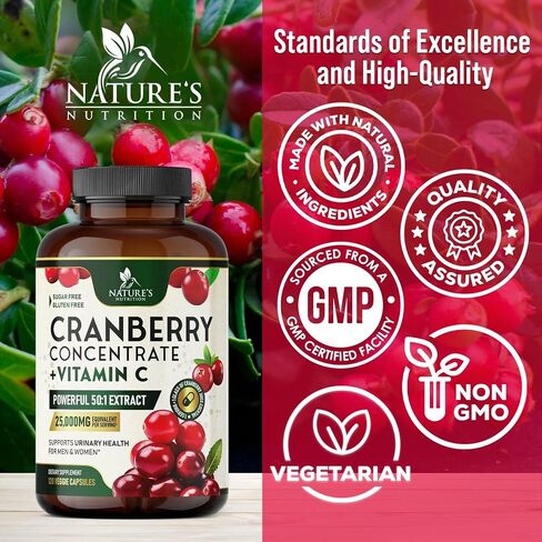 Cranberry Extract Pills + Vitamin C (25,000mg Formula) - Natural Urinary Tract Health Support with Cranberry Supplement for Women & Men - Nature's, Non-GMO, Gluten Free - 60 Capsules in Saudi Arabia