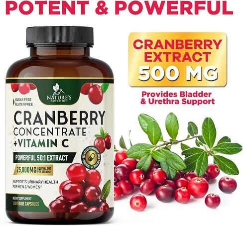 Cranberry Extract Pills + Vitamin C (25,000mg Formula) - Natural Urinary Tract Health Support with Cranberry Supplement for Women & Men - Nature's, Non-GMO, Gluten Free - 60 Capsules in Saudi Arabia