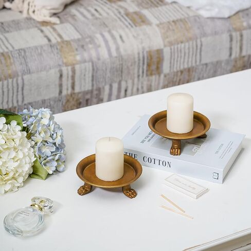 مجموعة حوامل شموع من صفيحة حديد مزخرفة باللون الذهبي من NIKKY HOME مكونة من 2، صينية قاعدة حامل شمعدان عمود عتيق لشموع LED والشمع، ومخاريط البخور، والمنتجعات الصحية، وحفلات الزفاف in Kuwait