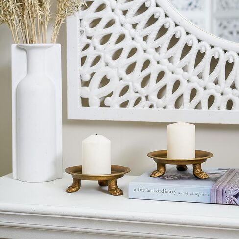 مجموعة حوامل شموع من صفيحة حديد مزخرفة باللون الذهبي من NIKKY HOME مكونة من 2، صينية قاعدة حامل شمعدان عمود عتيق لشموع LED والشمع، ومخاريط البخور، والمنتجعات الصحية، وحفلات الزفاف in Kuwait