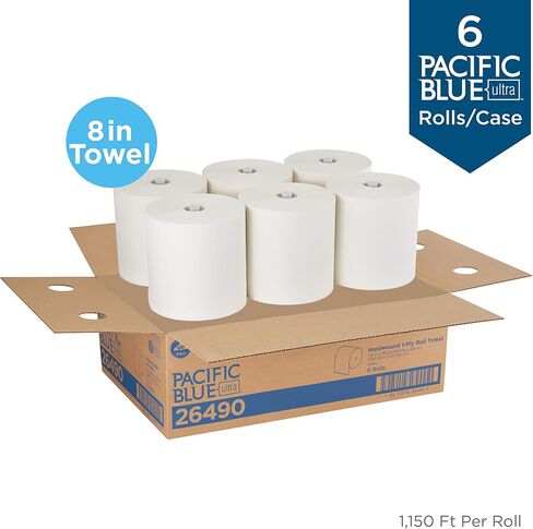بكرة مناشف ورقية معاد تدويرها عالية السعة مقاس 8 بوصات من Pacific Blue Ultra من GP PRO (جورجيا والمحيط الهادئ)، أبيض، 26490، 1150 قدم لكل لفة، 6 لفات لكل علبة in Saudi Arabia