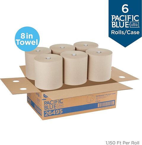 بكرة مناشف ورقية معاد تدويرها عالية السعة مقاس 8 بوصات من Pacific Blue Ultra من GP PRO (جورجيا والمحيط الهادئ)، أبيض، 26490، 1150 قدم لكل لفة، 6 لفات لكل علبة in Kuwait