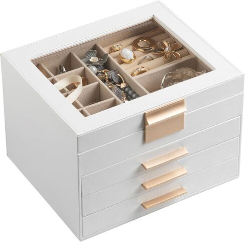 Frebeauty Jewelry Box with Clear Lid,4-Layer Jewelry Organizer with 3 Drawers,Faux Leather Jewelry Organizer and Storage,Square Shape Appearance,Stylish Gold Handle,Jewelry Box for Women(White) in Saudi Arabia