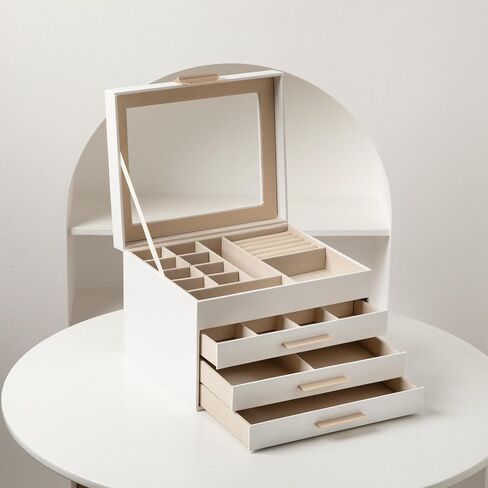 Frebeauty Jewelry Box with Clear Lid,4-Layer Jewelry Organizer with 3 Drawers,Faux Leather Jewelry Organizer and Storage,Square Shape Appearance,Stylish Gold Handle,Jewelry Box for Women(White) in Saudi Arabia