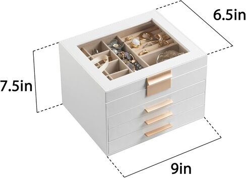 Frebeauty Jewelry Box with Clear Lid,4-Layer Jewelry Organizer with 3 Drawers,Faux Leather Jewelry Organizer and Storage,Square Shape Appearance,Stylish Gold Handle,Jewelry Box for Women(White) in Saudi Arabia