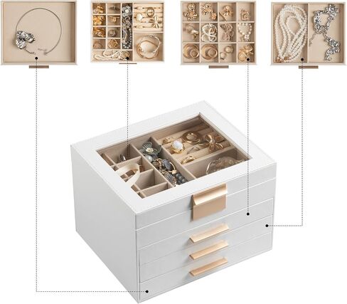 Frebeauty Jewelry Box with Clear Lid,4-Layer Jewelry Organizer with 3 Drawers,Faux Leather Jewelry Organizer and Storage,Square Shape Appearance,Stylish Gold Handle,Jewelry Box for Women(White) in Saudi Arabia
