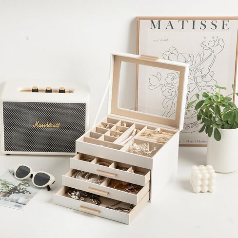 Frebeauty Jewelry Box with Clear Lid,4-Layer Jewelry Organizer with 3 Drawers,Faux Leather Jewelry Organizer and Storage,Square Shape Appearance,Stylish Gold Handle,Jewelry Box for Women(White) in Saudi Arabia
