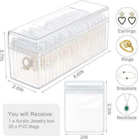 Acrylic Jewelry Organizer - Clear Acrylic Organizer with 20pcs PVC Portable Anti Tarnish Jewelry bags, Jewelry Box Jewelry Storage for Earring Necklaces Rings in Saudi Arabia