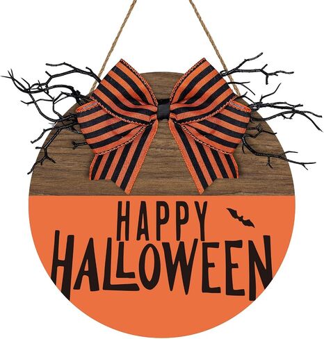 Whaline Happy Halloween علامة تعليق خشبية كلاسيكية عتيقة للهالوين علامة ترحيب مع قوس برتقالي أسود باب خشبي علامة شماعات لمزرعة المنزل نافذة جدار لوازم تزيين الحفلات in Saudi Arabia