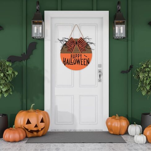 Whaline Happy Halloween علامة تعليق خشبية كلاسيكية عتيقة للهالوين علامة ترحيب مع قوس برتقالي أسود باب خشبي علامة شماعات لمزرعة المنزل نافذة جدار لوازم تزيين الحفلات in Saudi Arabia