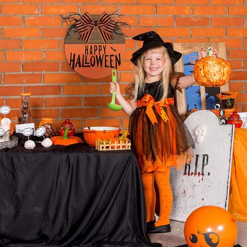 Whaline Happy Halloween علامة تعليق خشبية كلاسيكية عتيقة للهالوين علامة ترحيب مع قوس برتقالي أسود باب خشبي علامة شماعات لمزرعة المنزل نافذة جدار لوازم تزيين الحفلات in Saudi Arabia