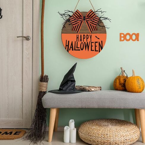 Whaline Happy Halloween علامة تعليق خشبية كلاسيكية عتيقة للهالوين علامة ترحيب مع قوس برتقالي أسود باب خشبي علامة شماعات لمزرعة المنزل نافذة جدار لوازم تزيين الحفلات in Saudi Arabia