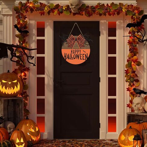 Whaline Happy Halloween علامة تعليق خشبية كلاسيكية عتيقة للهالوين علامة ترحيب مع قوس برتقالي أسود باب خشبي علامة شماعات لمزرعة المنزل نافذة جدار لوازم تزيين الحفلات in Saudi Arabia