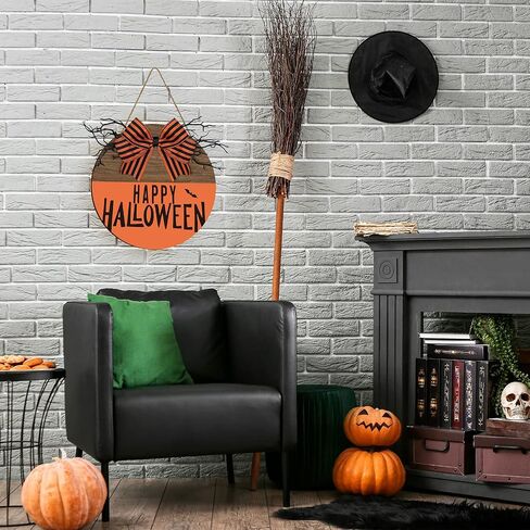 Whaline Happy Halloween علامة تعليق خشبية كلاسيكية عتيقة للهالوين علامة ترحيب مع قوس برتقالي أسود باب خشبي علامة شماعات لمزرعة المنزل نافذة جدار لوازم تزيين الحفلات in Saudi Arabia