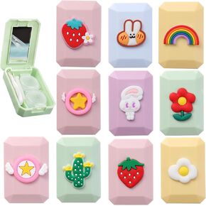 10Pcs Contact Lens Case,Cute Contact Lens Case Kit with Mirror,Tweezers, Remover Tool Stick,Colorful Contact Lens Box Holder for Travel Home(Random Style)