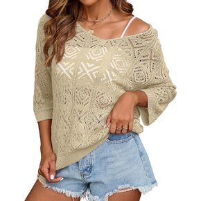 Bluetime Women Off Shoulder Tops Casual 3/4 Sleeve Hollow Out Crochet Sweaters Lightweight Oversized Knit Tops