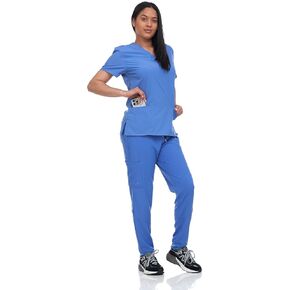 Nurse Uniform Set V-Neck Shirt and Slim Fit Jogger Pants with 3 Pockets Lightweight Stretch