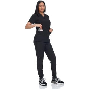 Nurse Uniform Set V-Neck Shirt and Slim Fit Jogger Pants with 3 Pockets Lightweight Stretch