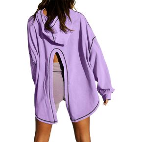 Women Open Back Workout Hooded Sweatshirt Oversized Long Sleeve Side Slit Athletic Shirt Flowy Hoodie Top Activewear