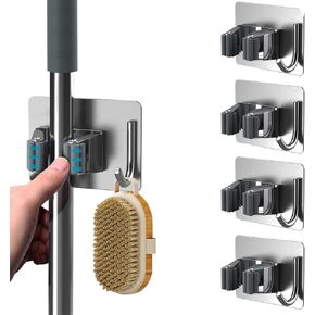 حامل مكنسة ممسحة - منظم شماعات مكنسة من الفولاذ المقاوم للصدأ ذاتي اللصق للحمام، المطبخ، المكتب، غرفة المرافق، غرفة الغسيل، حديقة المنزل، تخزين المرآب ورف التنظيم (رمادي فضي-4 قطع) in Kuwait