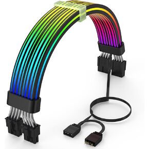 كابل Sirlyr RGB 12VHPWR، كابلات PCIE 5.0 RGB PSU، وصلة GPU ARGB 16 دبوس - محول 90 درجة ذكر إلى ذكر لبطاقة رسومات RTX 3090Ti 4080Ti 4090 600W إلى مصدر طاقة ATX 3.0، 27 بوصة باللون الأبيض