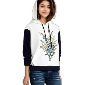 Jetsan Women's Floral Print Hoodie, Hooded Sweatshirt, White & Blue Sleeves, Casual