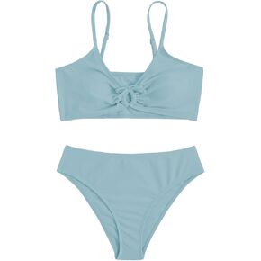 OYOANGLE Girl's 2 Piece Solid Bikini Set Sport Swimsuit Ruched Tie Front Bathing Suit Swimwear