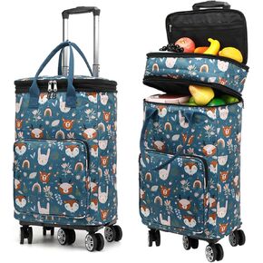 2 in 1 Shopping Cart with Wheels, Grocery Cart, Portable Utility Dolly Cart, Luggage Cart, Foldable Hand Truck with Built-in Removable Waterproof Bag for Shopping, Camping, Travel (Animal World)