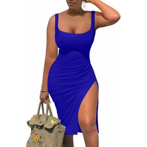 Salimdy Womens Summer Sexy Rib Sleeveless Side Split Bodycon Ruched Club Party Midi Tank Dress