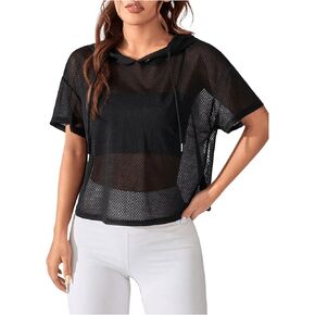 SweatyRocks Women's Short Sleeve Fishnet Hoodies Hollow Out Sports Workout Tops