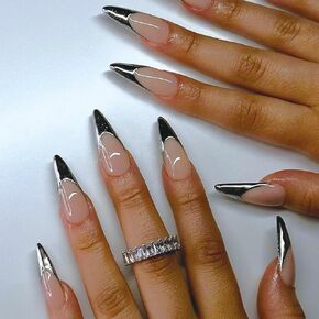 SINHOT Long Stiletto Press on Nails Almond Fake Nails Glossy Glue on Nails Marble Gradient Acrylic Nails Silver Glitter False Nails with Designs 24 pcs