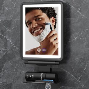 Heated Shower Mirror Fogless for Shaving, 3 Colors Stepless Dimmable Lights Fogless Mirror for Shower, Rechargeable Anti Fog Shaving Mirror for Shower with Razor Holder for Men, Light Memory Function