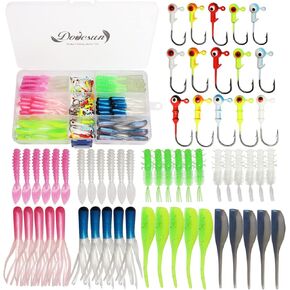 Dovesun 105pcs Crappie Lures with Jig Heads Hooks Kit- Soft Plastic Worms-Tubes Bait 75Pcs 1/16 oz 30Pcs Crappie Jigs Fishing Lures Kit for Saltwater Freshwater Fishing