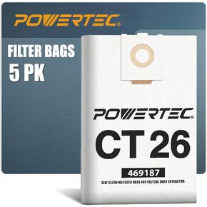 POWERTEC PRO Premium Shop Vacuum Bags for Wet Mess & Dry Dust Debris 5PK, for Festool CT 26 Dust Extractor, for Festool 496187 Selfclean Filter Bag, Replacement Fleece Vacuum Bags (75088)