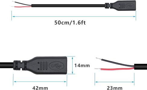 USB C Power Pigtail Cable 1FT 24AWG 5V 3A USB Type-C Female Plug to 2 Pin Bare Wire Open End Power Pigtail Cord DIY, Black (6 Pcs) in Saudi Arabia