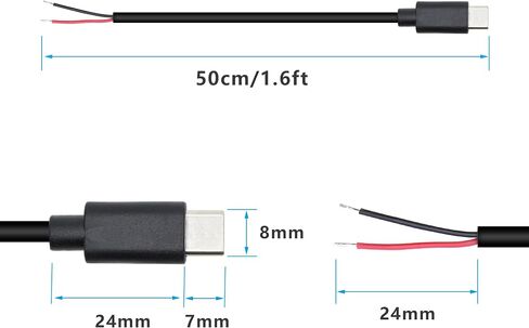 USB C Power Pigtail Cable 1FT 24AWG 5V 3A USB Type-C Female Plug to 2 Pin Bare Wire Open End Power Pigtail Cord DIY, Black (6 Pcs) in Saudi Arabia