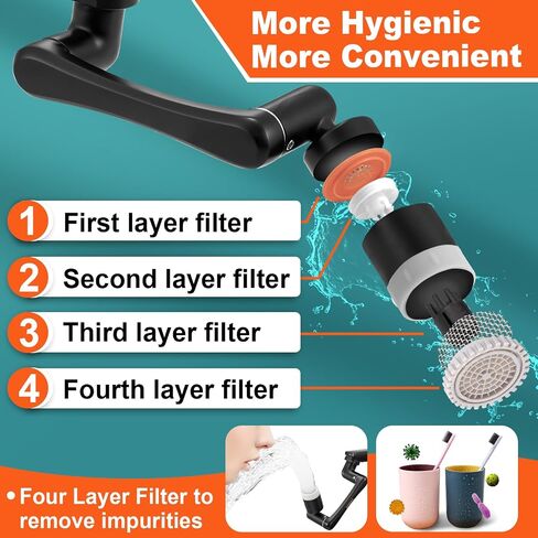 موسع الصنبور، سبورتار 1080 درجة + 360 درجة صنبور تمديد متعدد الوظائف قابل للدوران، صنبور فلتر سبلاش عالمي، موسع صنبور لحوض الحمام، مهوية صنبور المطبخ الدوار، أسود، (HHW0001BK) in Kuwait