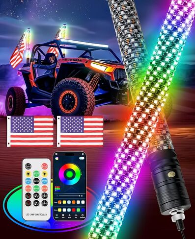 2PCS 1FT Fat Whip Light Spiral RGB LED Whip Lights مع التطبيق والتحكم عن بعد، مطاردة سياط هوائي مضاء لشاحنة UTV ATV Can-Am X3 RZR Can-Am Polaris Buggy Jeep Offroad Truck in Saudi Arabia