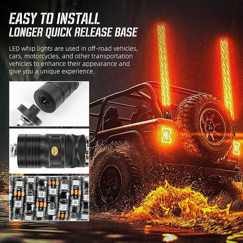 2PCS 1FT Fat Whip Light Spiral RGB LED Whip Lights مع التطبيق والتحكم عن بعد، مطاردة سياط هوائي مضاء لشاحنة UTV ATV Can-Am X3 RZR Can-Am Polaris Buggy Jeep Offroad Truck in Saudi Arabia